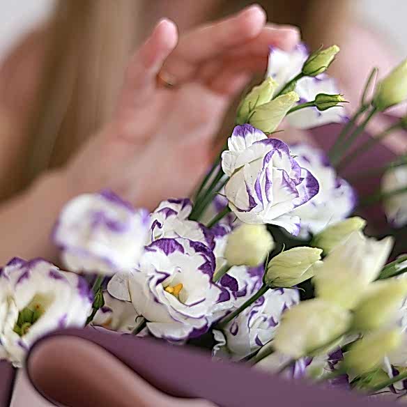 5 бело-фиолетовых эустом в упаковке