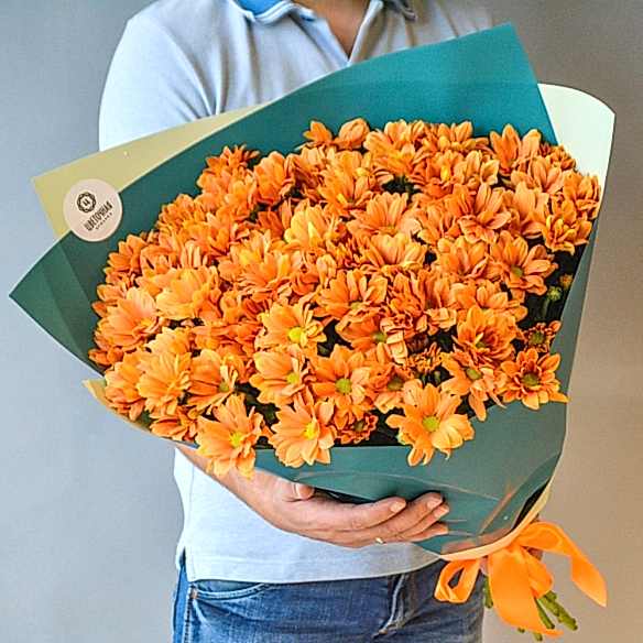 9 оранжевых кустовых хризантем в упаковке